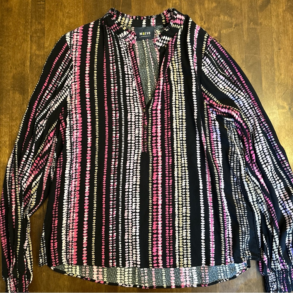 Anthropologie Maeve Colette Peasant Blouse Size M Black Pink Office Boho Aztec